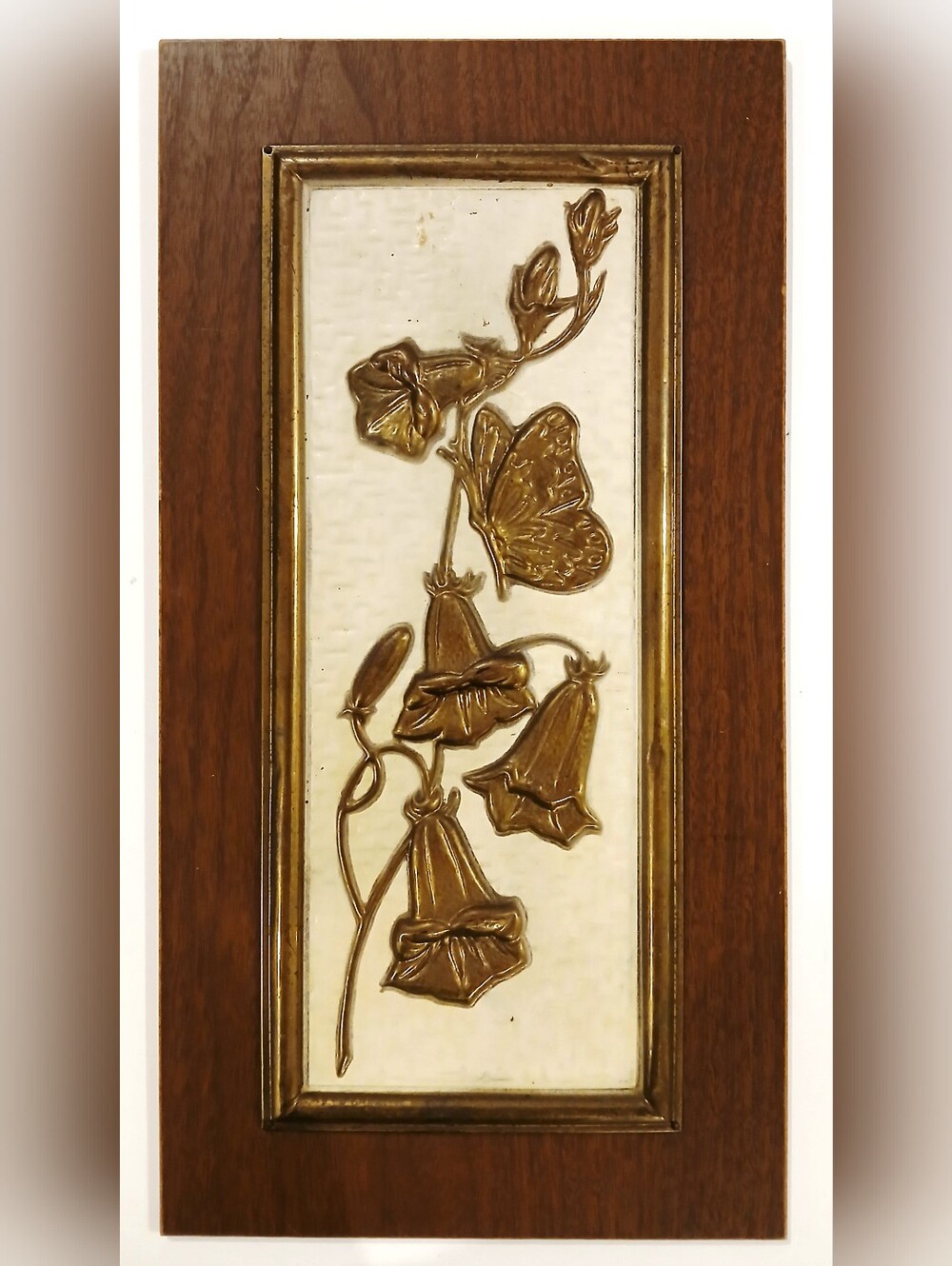Vintage Goldtone Floral Relief Wall Plaque in Wood Frame